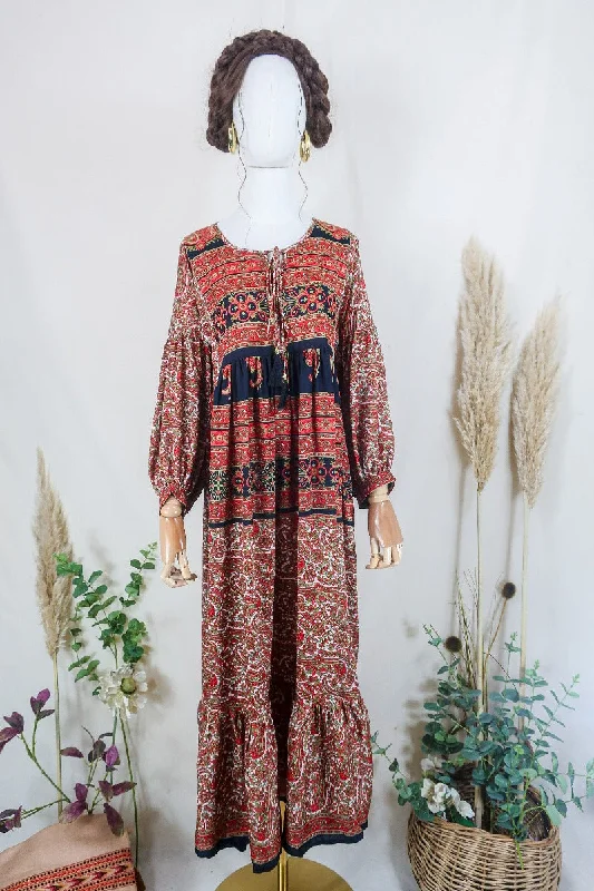 Poppy Smock Dress - Vintage Sari - Chilli Red & Pale Olive Paisley Floral - XS