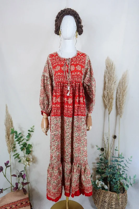 Poppy Smock Dress - Vintage Sari - Strawberry & Sage Green Paisley Floral - XS