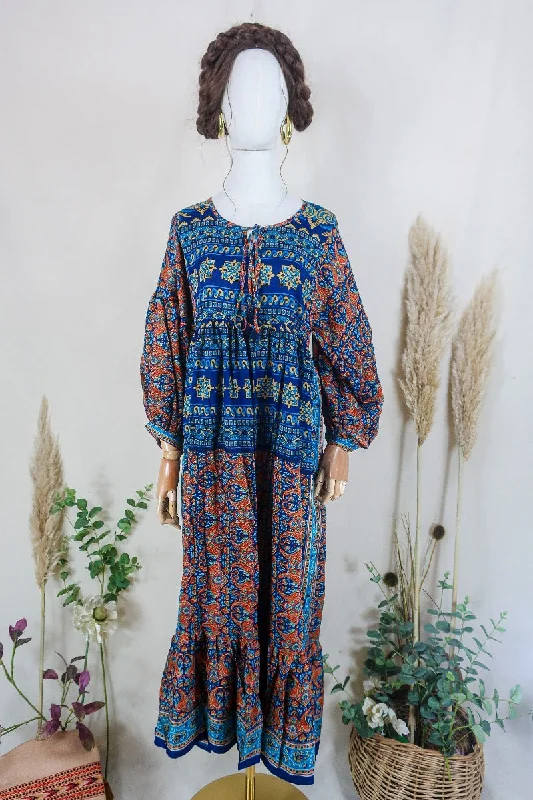 Poppy Smock Dress - Vintage Sari - Sapphire Blue & Crimson Paisley - XS