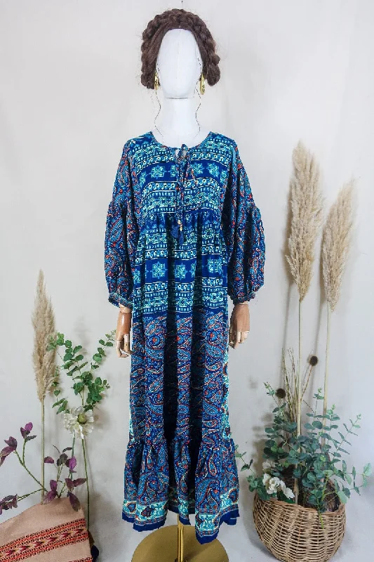 Poppy Smock Dress - Vintage Sari - Midnight Blue & Fiery Mosaic - S/M