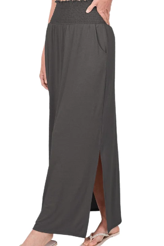 Smocked Waist Side Slit Maxi Skirt With Pockets in Ash Grey Style 8300