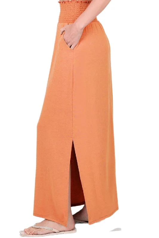 Smocked Waist Side Slit Maxi Skirt With Pockets in Butter Orange Style 8300