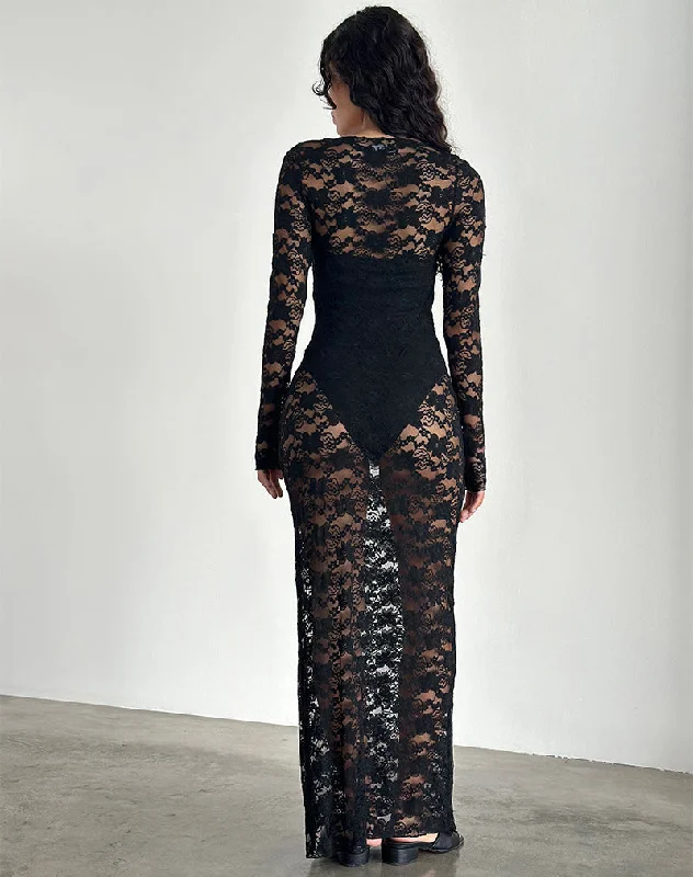 Sophie Unlined Maxi Dress in Black Jasmine Lace