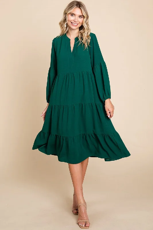 Tiered V Neck Long Sleeve Ruffle Hem Midi Dress Style 1027