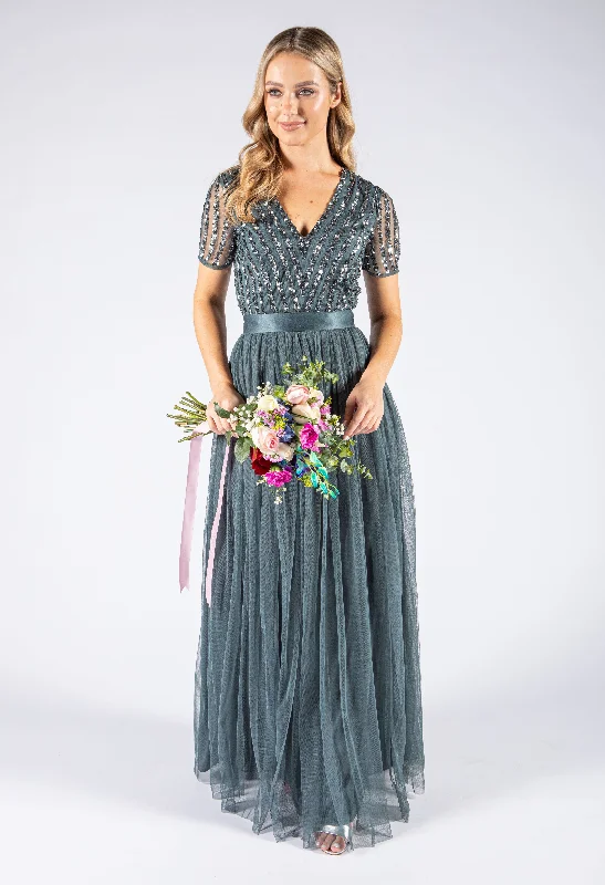 V NECK DELICATE SEQUINS TULLE DRESS