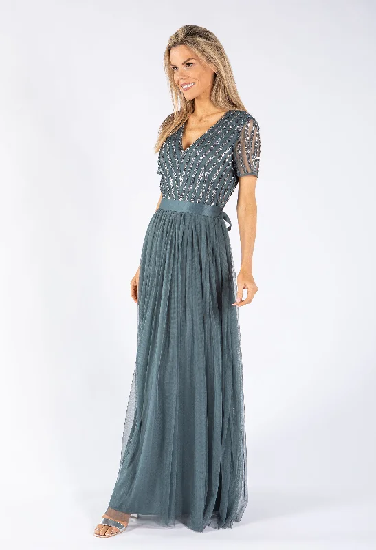 V NECK DELICATE SEQUINS TULLE DRESS