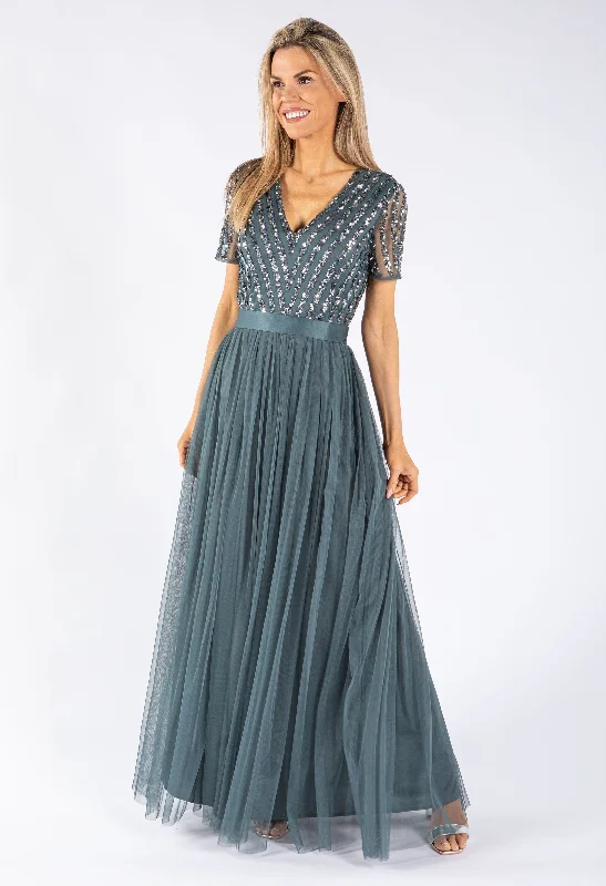 V NECK DELICATE SEQUINS TULLE DRESS