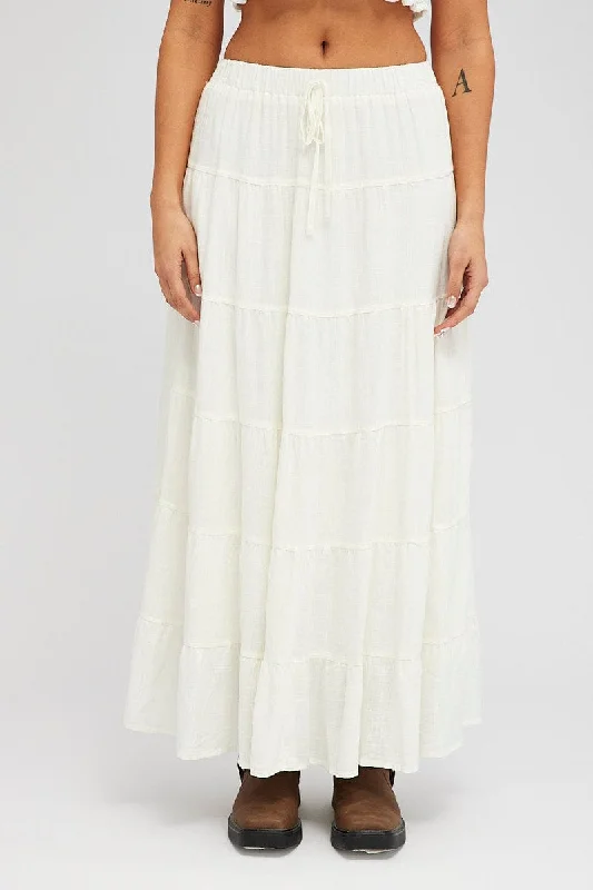 White Maxi Skirt Tiered High Rise Linen Blend