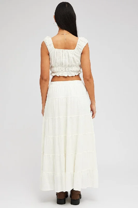 White Maxi Skirt Tiered High Rise Linen Blend