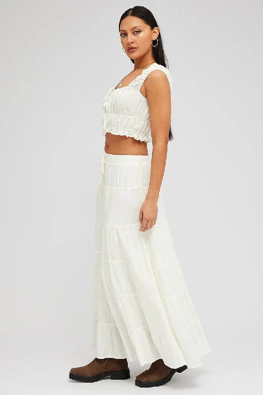 White Maxi Skirt Tiered High Rise Linen Blend