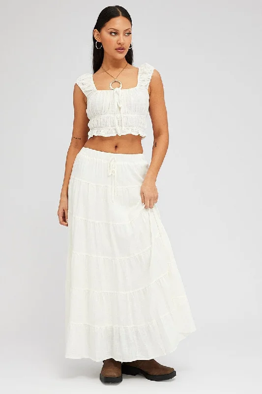 White Maxi Skirt Tiered High Rise Linen Blend