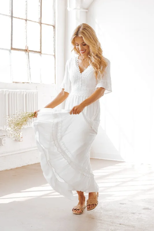 White Short Sleeve Lace Maxi Dress