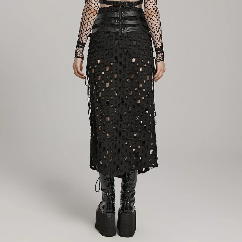 Women's Punk Ripped Buckle Lace-Up Long Skirt