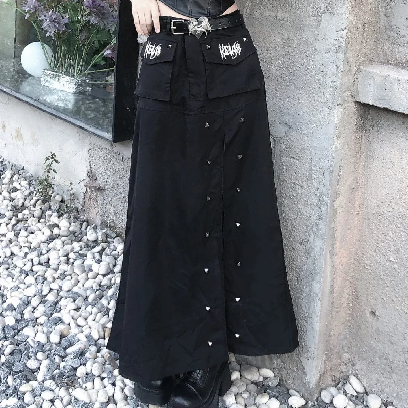 Women's Punk Rivet Slit Maxi Skirt