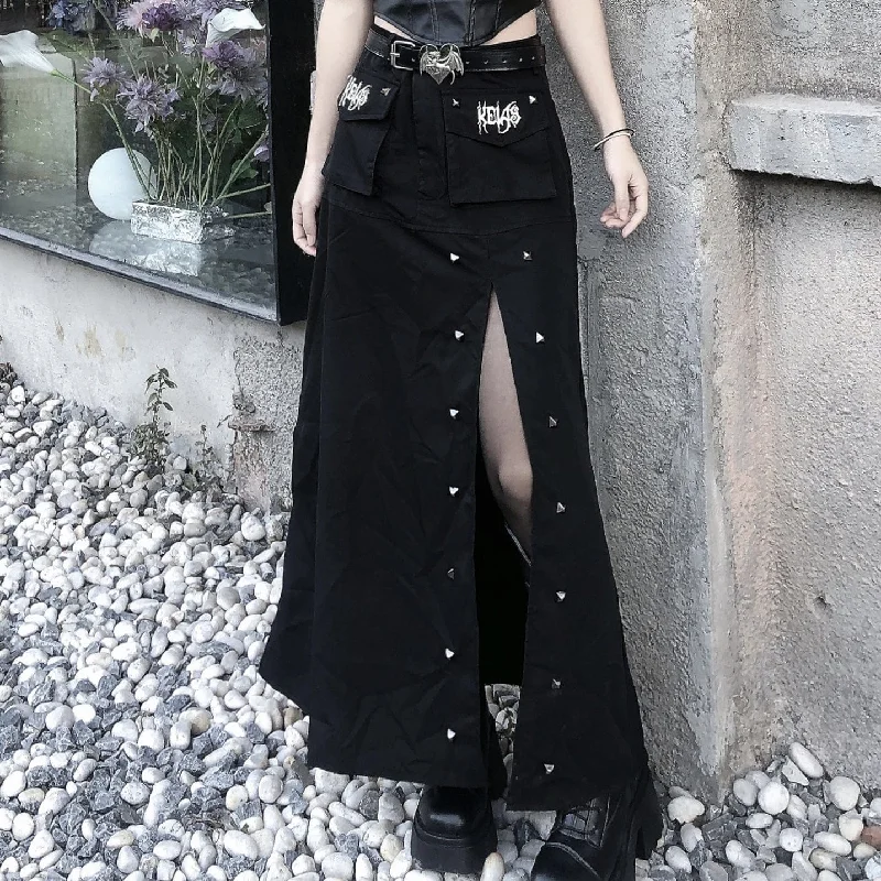 Women's Punk Rivet Slit Maxi Skirt