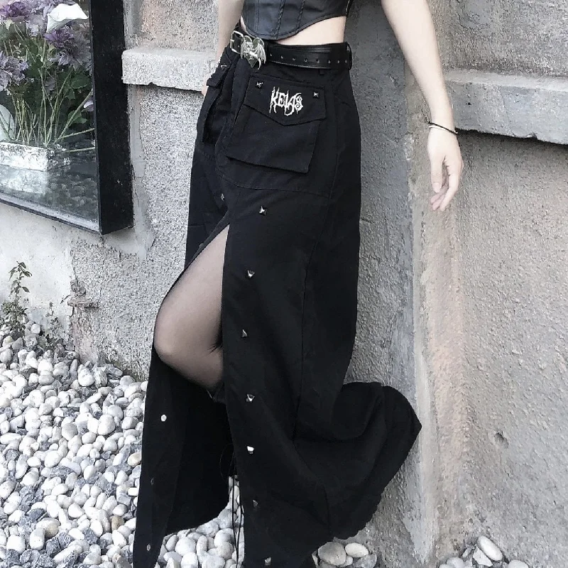 Women's Punk Rivet Slit Maxi Skirt