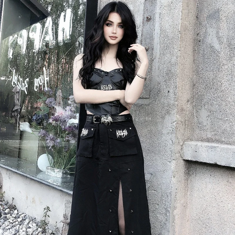 Women's Punk Rivet Slit Maxi Skirt