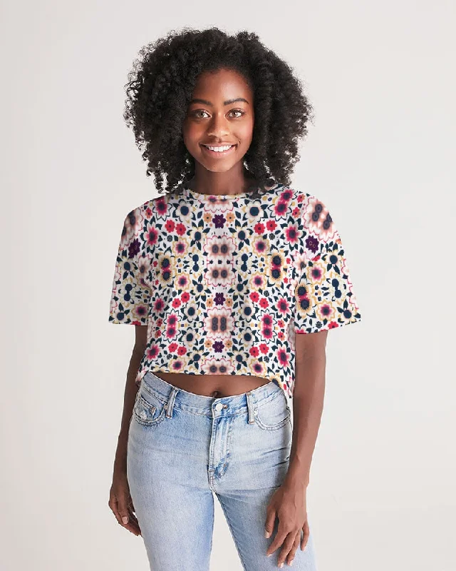 Abstract flower pattern Women's All-Over Print Lounge Cropped Tee Polka Dot Checkered Tartan Abstract flower pattern Women's All-Over Print Lounge Cropped Tee Polka Dot Checkered Tartan