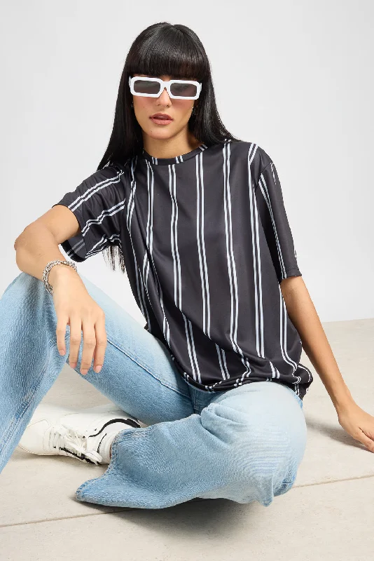 Printed Women's T-Shirt - Black/White Stripes Sequined Glittery Shiny