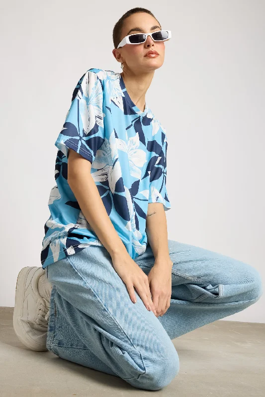 Printed Women's T-Shirt - Blue Flourish Zippered Front Buttoned Front Snap Front