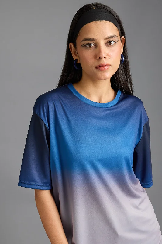 Printed Women's T-Shirt- Blue Gradient Lace Blend Ribbed Blend Corduroy Blend