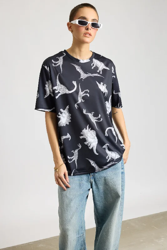 Printed Women's T-Shirt - Dinosaurs Welt Pockets Slit Pockets Flap Pockets