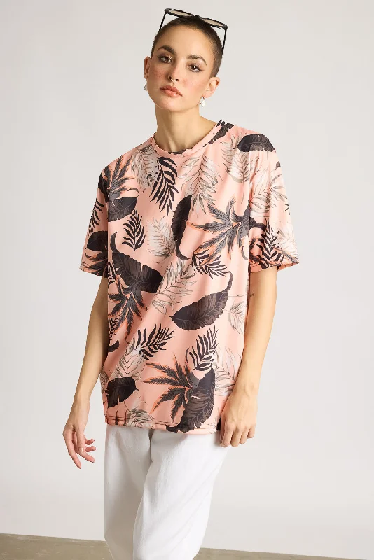 Printed Women's T-Shirt - Tropical Blaze Ribbed T-Shirt High Neck Heavyweight