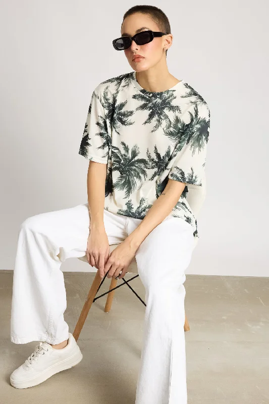 Printed Women's T-Shirt - Tropical Sunset Notch Collar Peter Pan Collar Cowl Neck
