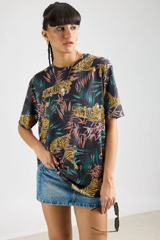 Printed Women's T-Shirt - Urban Jungle V-Neck T-Shirt Long Sleeve Cotton