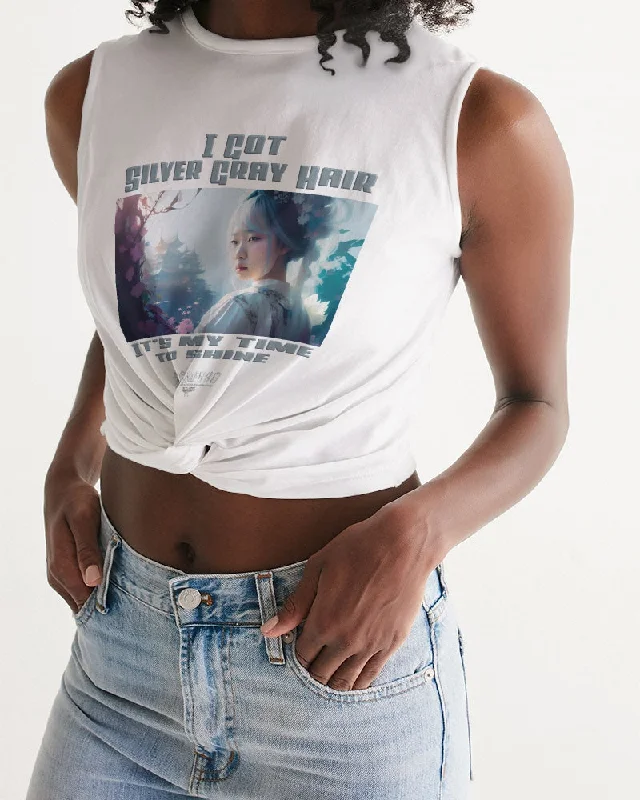 Asian sister with silver grey hair Women's All-Over Print Twist-Front Tank Spandex Blend Rayon Blend Denim Blend Asian sister with silver grey hair Women's All-Over Print Twist-Front Tank Spandex Blend Rayon Blend Denim Blend