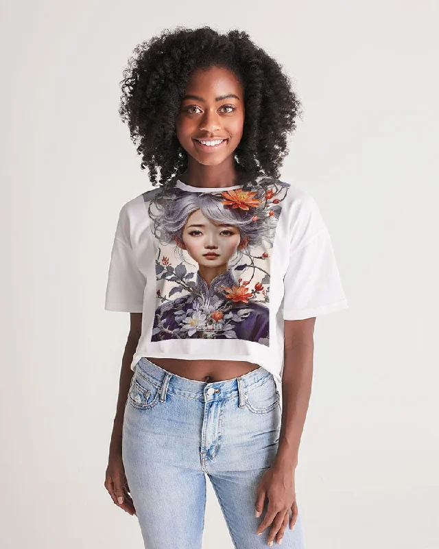 Woman's All-Over Print Lounge Cropped Tee Solid Color Striped Floral