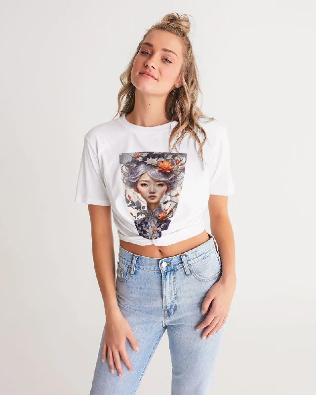 Beautiful Asian woman grey hair blossom Women's All-Over Print Twist-Front Cropped Tee Real Fur Shearling Chenille