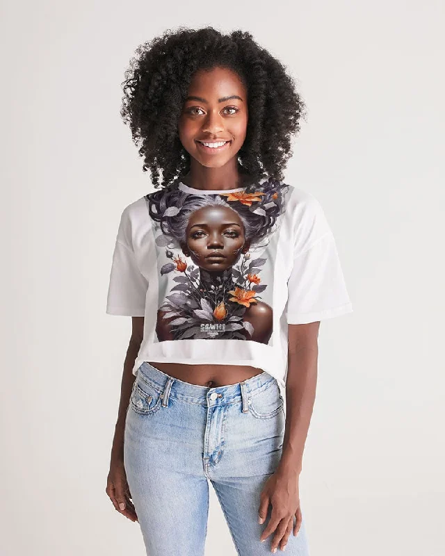 Beautiful black silver grey hair blossom women Women's All-Over Print Lounge Cropped Tee Handmade Hand-knitted Hand-woven