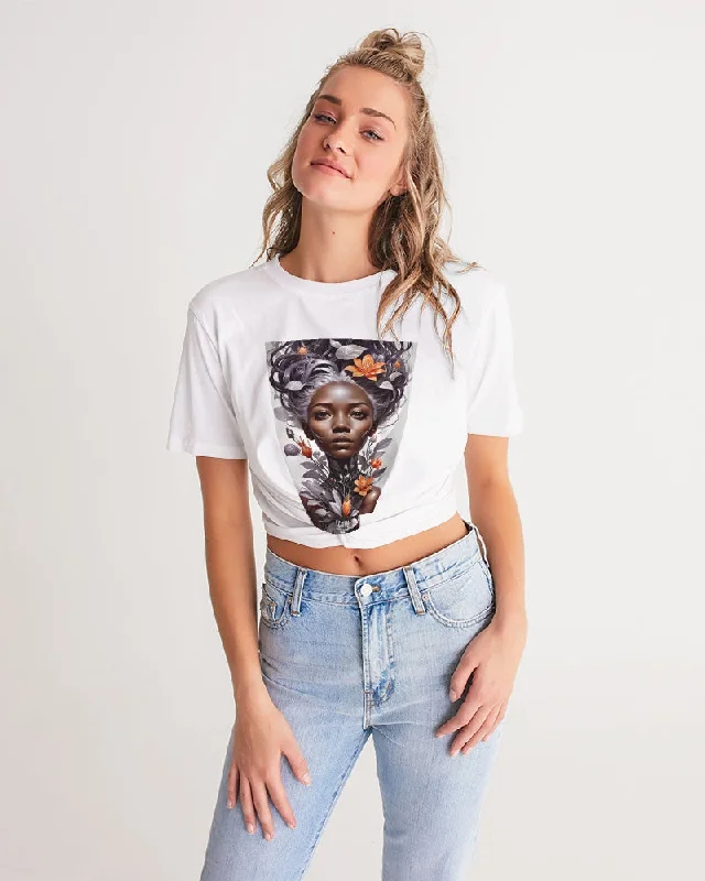 Beautiful black silver grey hair blossom women Women's All-Over Print Twist-Front Cropped Tee Machine Wash Dry Clean Hand Wash