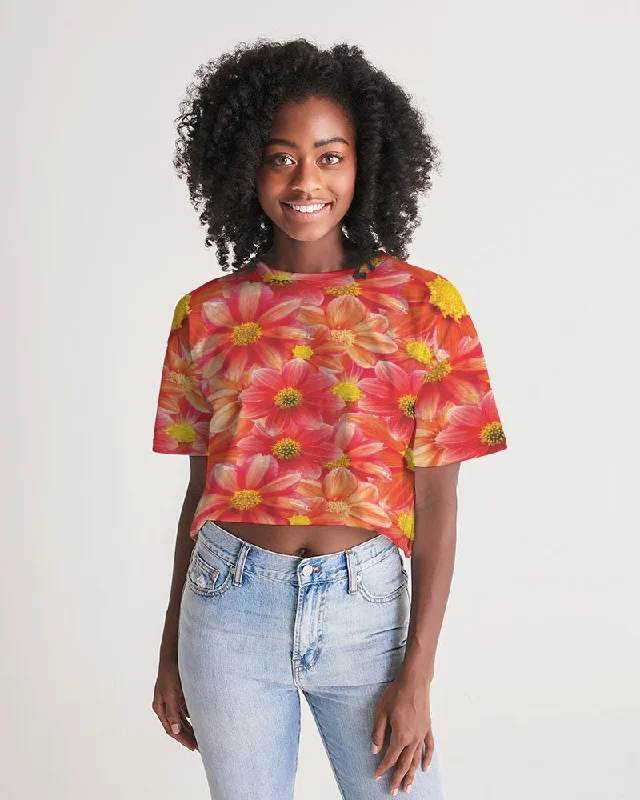 Beautiful blood orange flower design Women's All-Over Print Lounge Cropped Tee Polka Dot Checkered Tartan