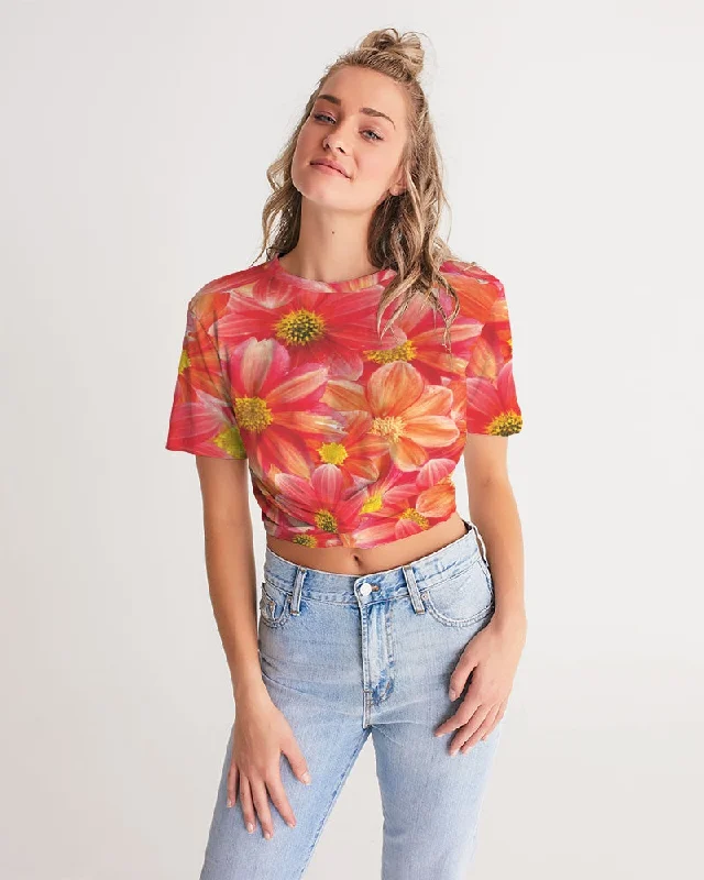 Beautiful blood orange flower design Women's All-Over Print Twist-Front Cropped Tee Denim Fabric Leather Fabric Suede Fabric Beautiful blood orange flower design Women's All-Over Print Twist-Front Cropped Tee Denim Fabric Leather Fabric Suede Fabric