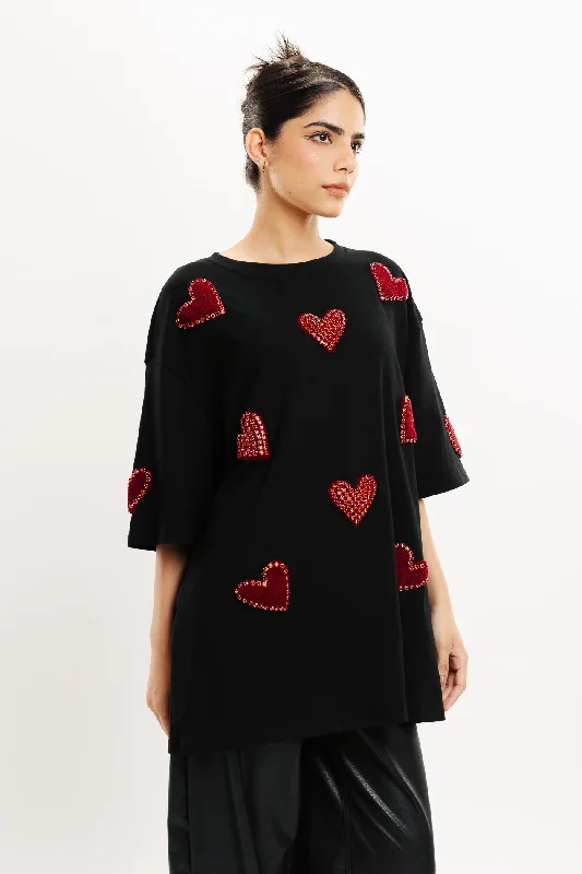 Heart Eyes For You Black Oversized Tee Mesh Blend Leather Blend Suede Blend