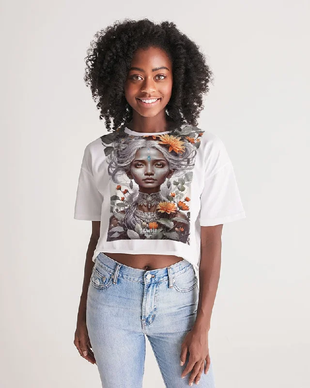 Blossom Indian Grey sister Women's All-Over Print Lounge Cropped Tee Spandex Blend Rayon Blend Denim Blend