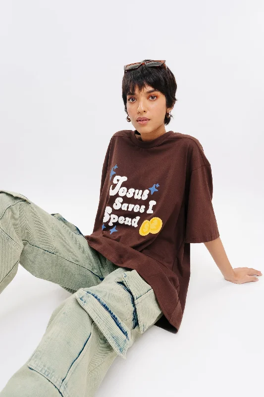 Brown Coin Tees Asymmetrical Pockets Print