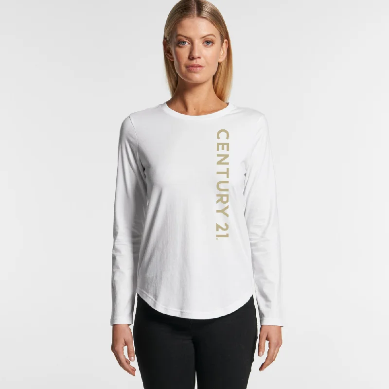 Wordmark White Curved LS Tee - Ladies Spandex Blend Rayon Blend Denim Blend