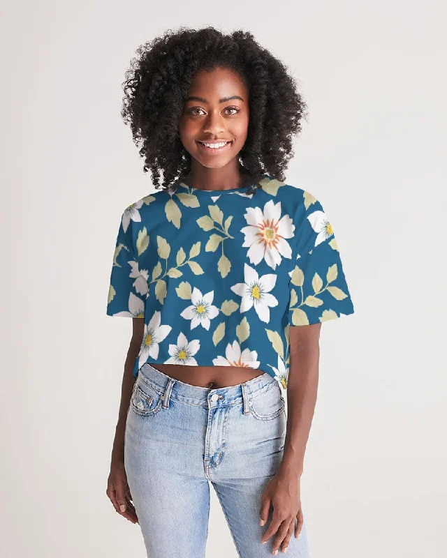 Dark blue background and white flower pattern Women's All-Over Print Lounge Cropped Tee Satin Fabric Silk Fabric Chiffon Fabric Dark blue background and white flower pattern Women's All-Over Print Lounge Cropped Tee Satin Fabric Silk Fabric Chiffon Fabric