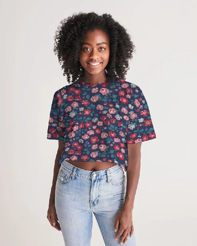 Midnight blue pretty glance.  Women's All-Over Print Lounge Cropped Tee Terry Blend Velvet Blend Canvas Blend