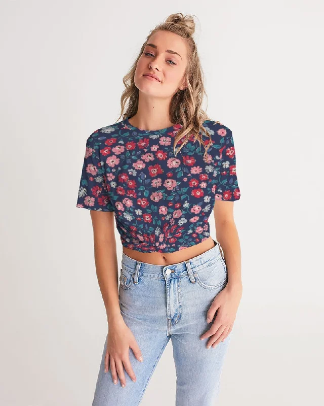 Midnight blue pretty glance.  Women's All-Over Print Twist-Front Cropped Tee Mesh Blend Leather Blend Suede Blend