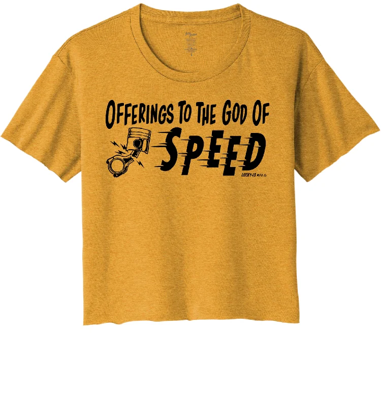 OFFERINGS TO THE GOD OF SPEED Women's Crop Top Tee - GOLD Fleece Nylon Spandex