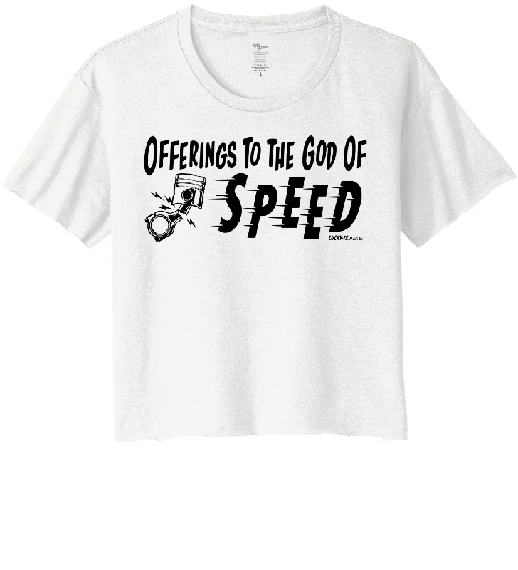 OFFERINGS TO THE GOD OF SPEED Women's Crop Top Tee - WHITE Rayon Velvet Corduroy