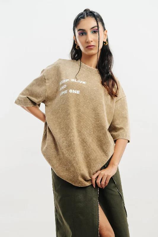 Olive Acid Wash Oversized Tees Fashionable Trendy Casual