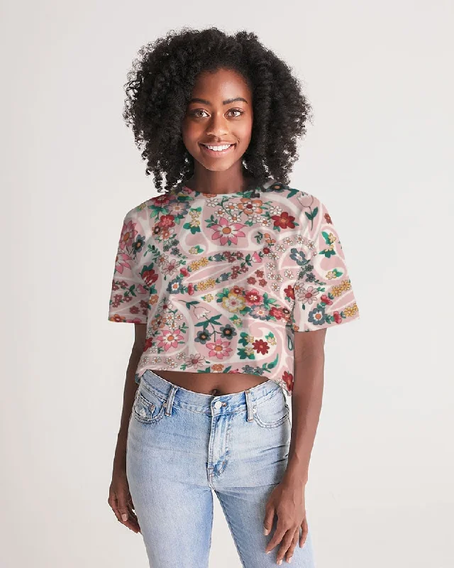 Pink abstract Pretty Sisters Women's All-Over Print Lounge Cropped Tee V-Neck T-Shirt Long Sleeve Cotton