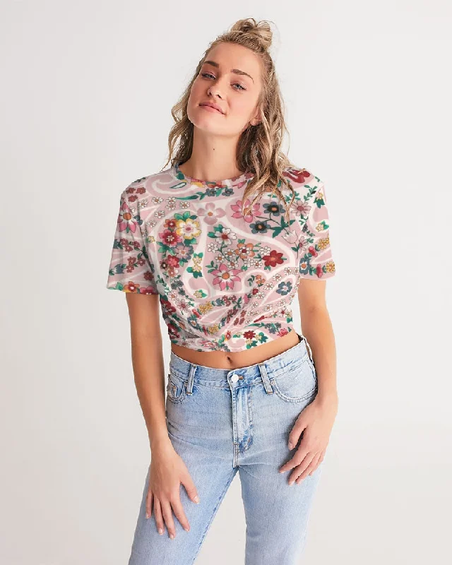 Pink abstract Pretty Sisters Women's All-Over Print Twist-Front Cropped Tee Asymmetrical Pockets Print