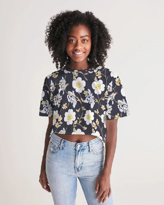 Pink flower black background Women's All-Over Print Lounge Cropped Tee Hooded Caped Shawl Collar Pink flower black background Women's All-Over Print Lounge Cropped Tee Hooded Caped Shawl Collar