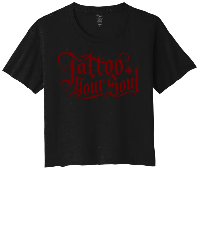 TATTOO YOUR SOUL Women's Crop Top Tee - BLACK RED Mesh Canvas Denim